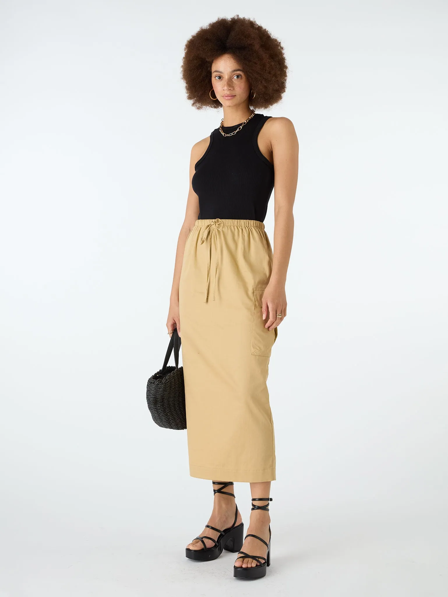 Indigo Cargo Midi Skirt in Beige