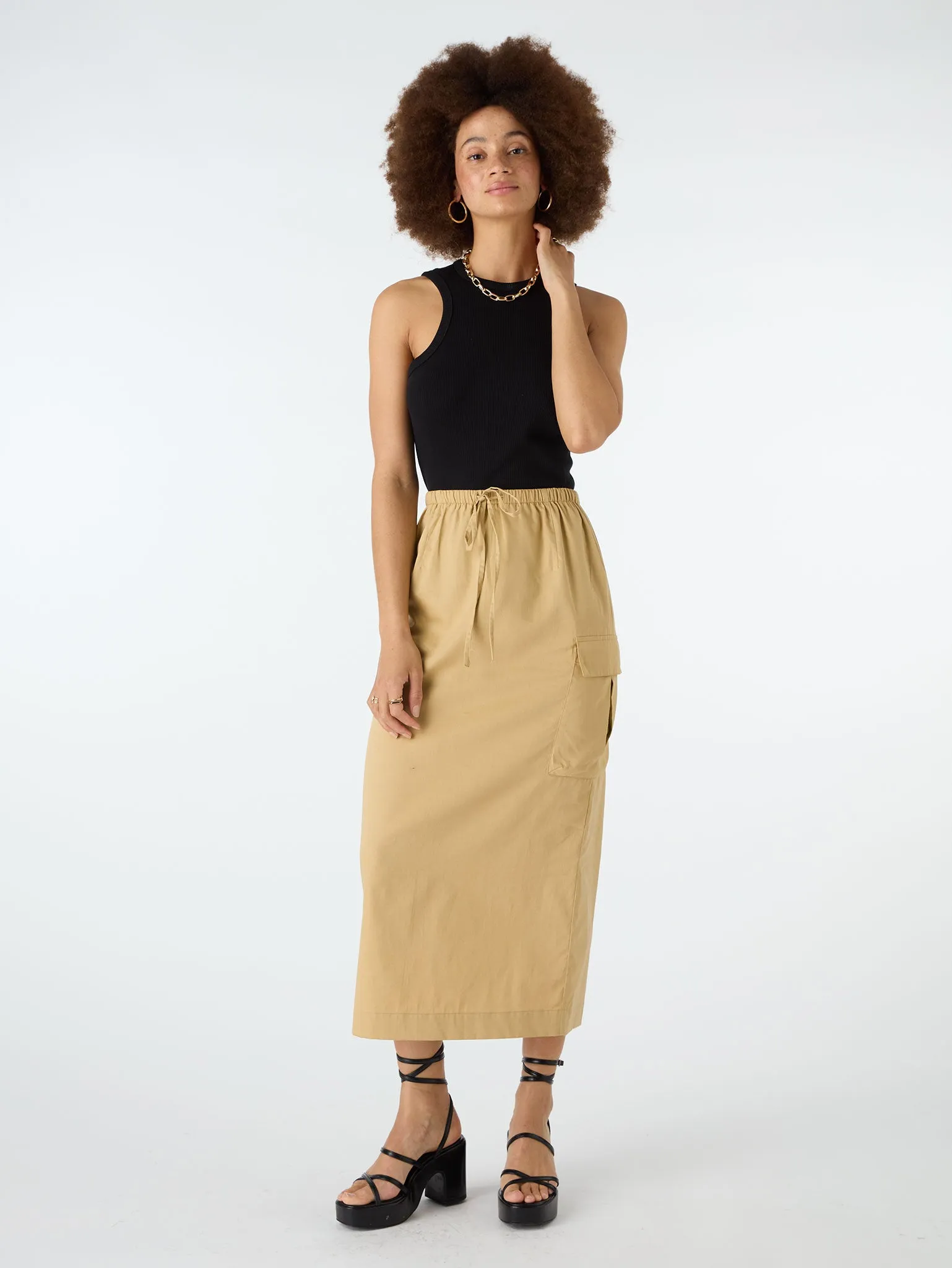 Indigo Cargo Midi Skirt in Beige