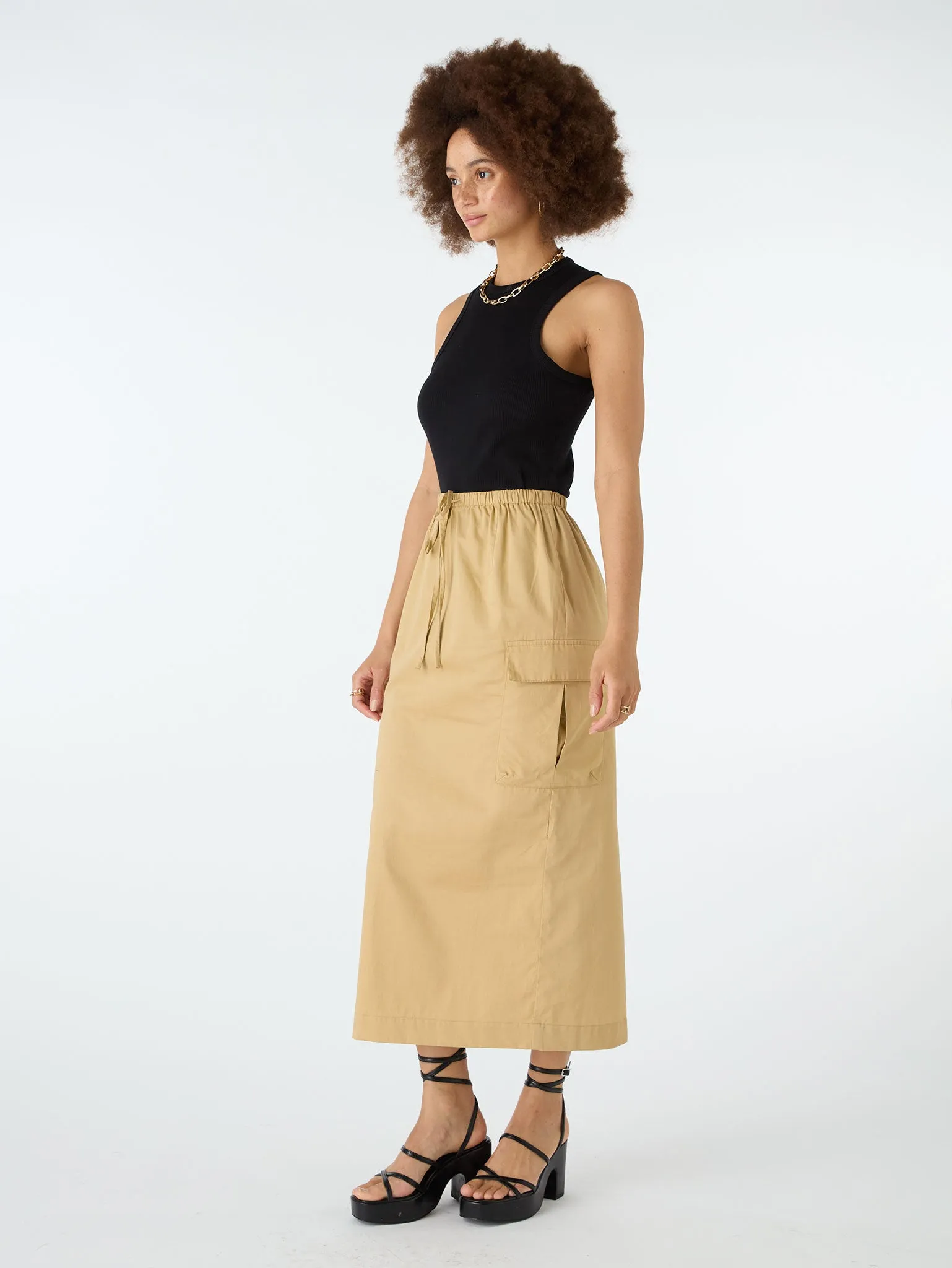 Indigo Cargo Midi Skirt in Beige