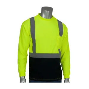 PIP 312-1350B-LY/L ANSI Type R Class 2 Long Sleeve T-Shirt with 50  UPF Sun Protection and  Black Bottom Front