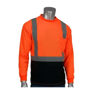PIP 312-1350B-OR/M ANSI Type R Class 2 Long Sleeve T-Shirt with 50  UPF Sun Protection and  Black Bottom Front