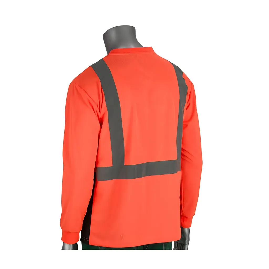 PIP 312-1350B-OR/M ANSI Type R Class 2 Long Sleeve T-Shirt with 50  UPF Sun Protection and  Black Bottom Front