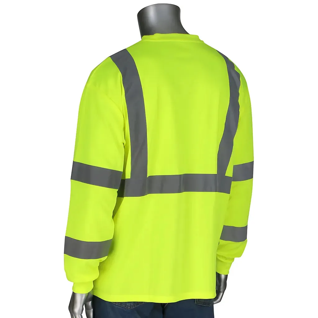 PIP 313-1390B-LY/4X ANSI Type R Class 3 Long Sleeve T-Shirt with 50  UPF Sun Protection and Black Bottom Front