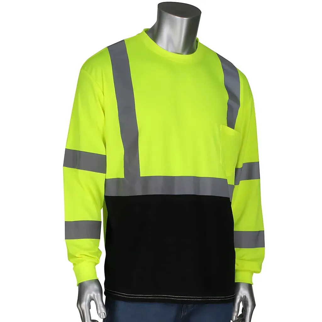 PIP 313-1390B-LY/4X ANSI Type R Class 3 Long Sleeve T-Shirt with 50  UPF Sun Protection and Black Bottom Front