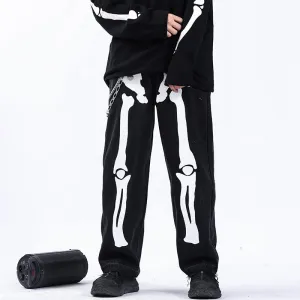 Reflective Skeleton Print Black Jeans for Men Fashion Trend Straight Leg Hip Hop Denim Pants Teens Baggy Streetwear Clothes