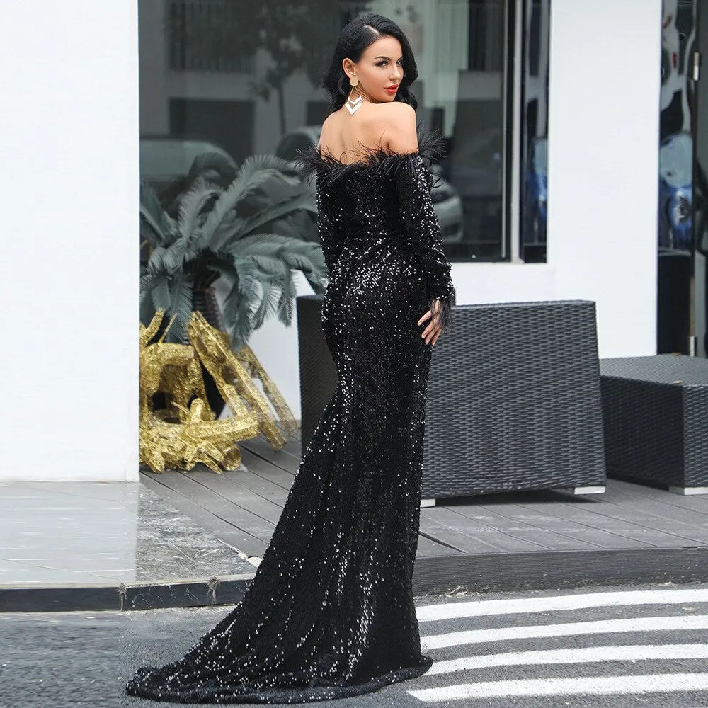 Sexy Off Shoulder Feather LongSleeve Sequin floor length Evening party Maxi Reflective  Dress Vestdios