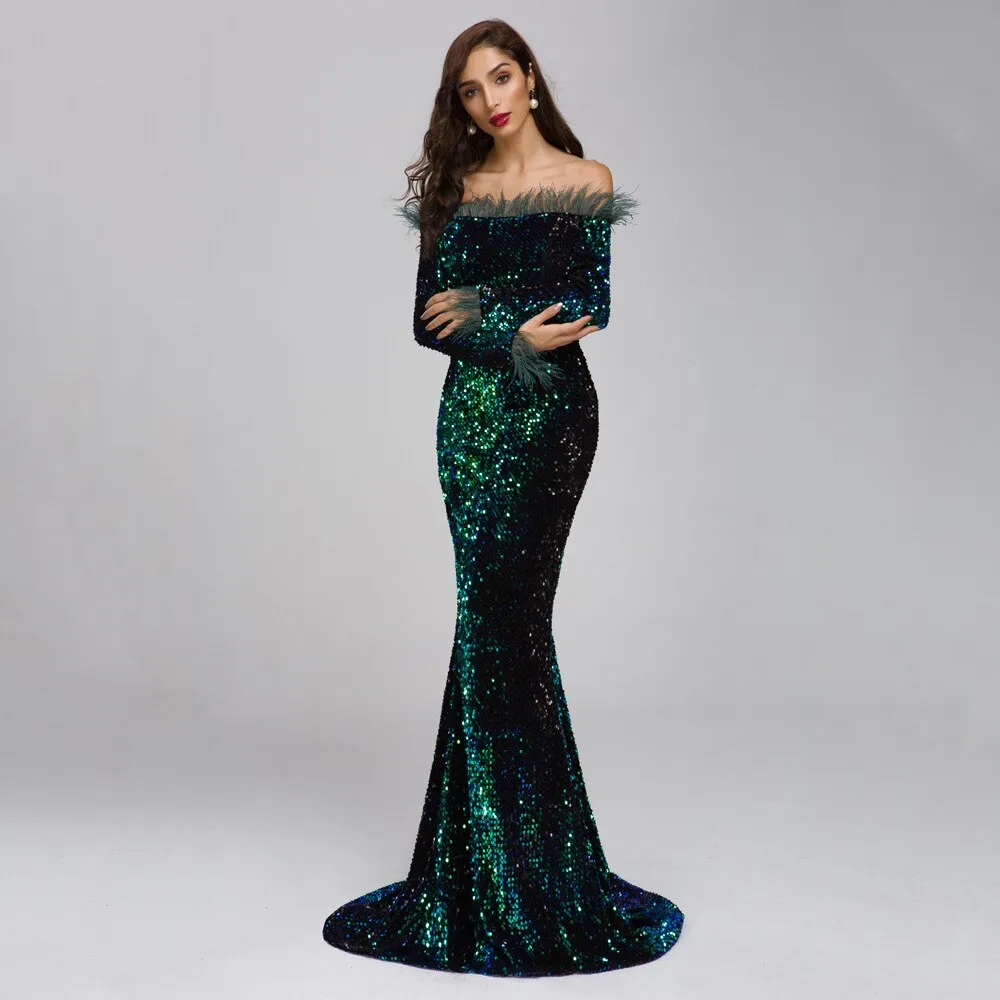 Sexy Off Shoulder Feather LongSleeve Sequin floor length Evening party Maxi Reflective  Dress Vestdios