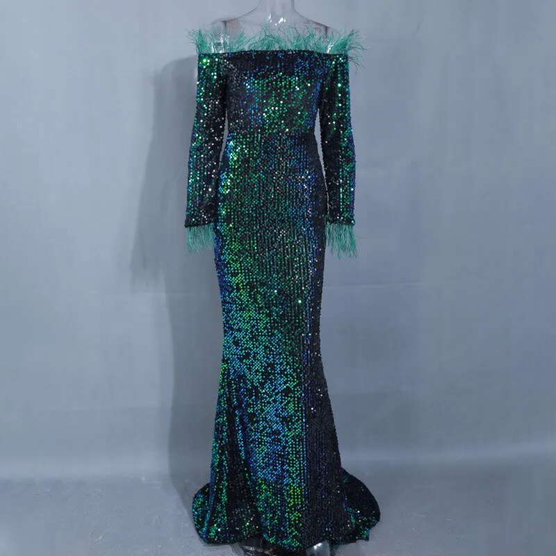Sexy Off Shoulder Feather LongSleeve Sequin floor length Evening party Maxi Reflective  Dress Vestdios