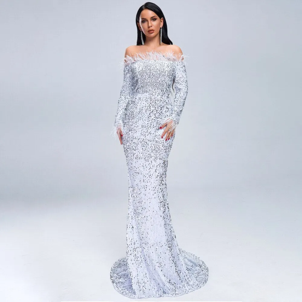 Sexy Off Shoulder Feather LongSleeve Sequin floor length Evening party Maxi Reflective  Dress Vestdios