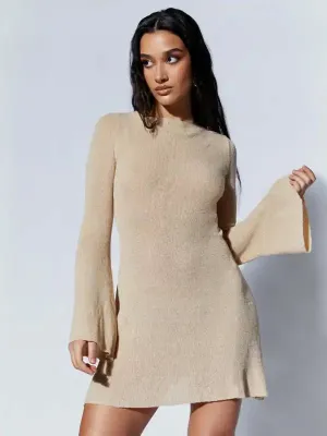 Women’s bell sleeves backless striped slim knitted dress