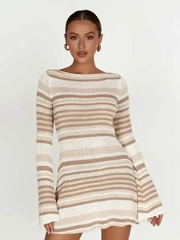 Women’s bell sleeves backless striped slim knitted dress