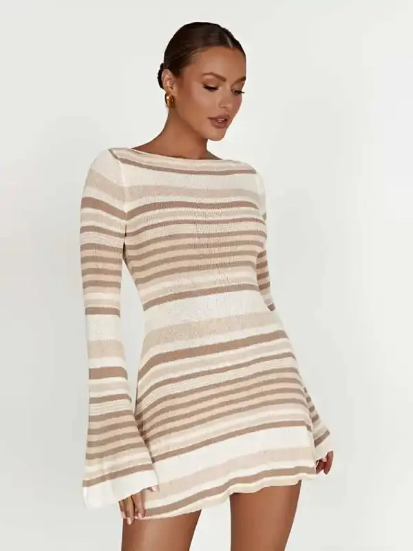 Women’s bell sleeves backless striped slim knitted dress