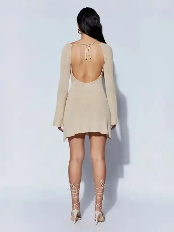 Women’s bell sleeves backless striped slim knitted dress