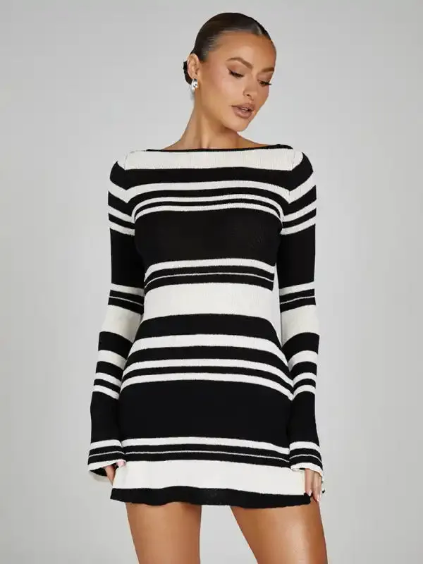 Women’s bell sleeves backless striped slim knitted dress
