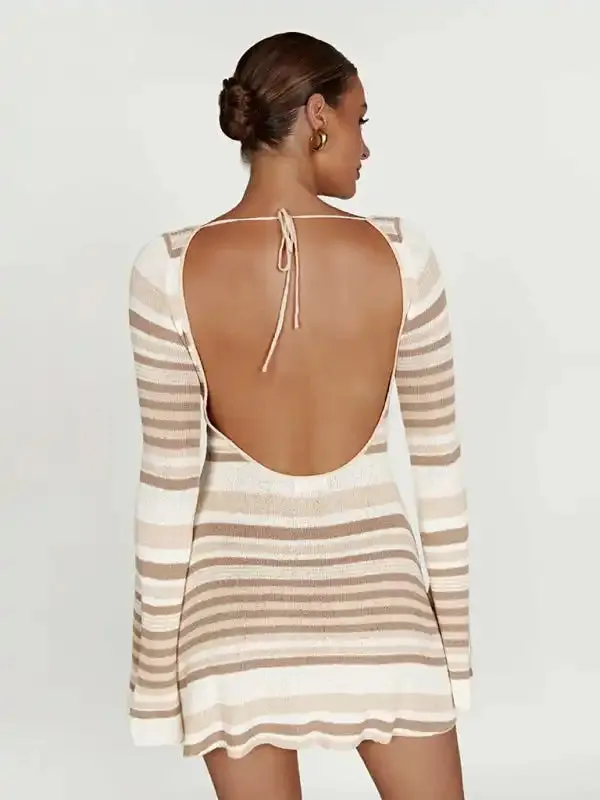 Women’s bell sleeves backless striped slim knitted dress