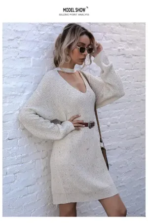 women’s pullover low collar long sleeve knitted bottoming sweater dress